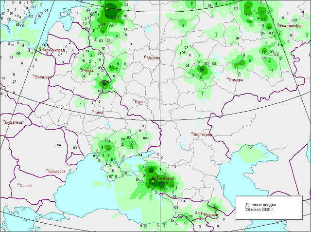 Карта осадков на 23 августа